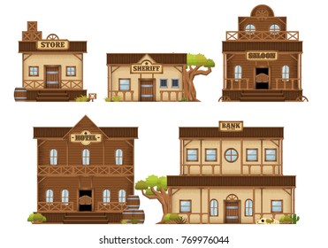 A set contains various western cowboy themed buildings