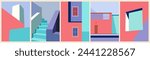 Set of contemporary abstract architectural posters in mid century modern style. Modern backgrounds, covers with copy space for text. City buildings with stairs, windows. Trendy Vector illustrations.