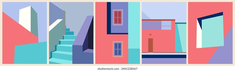 Set of contemporary abstract architectural posters in mid century modern style. Modern backgrounds, covers with copy space for text. City buildings with stairs, windows. Trendy Vector illustrations.