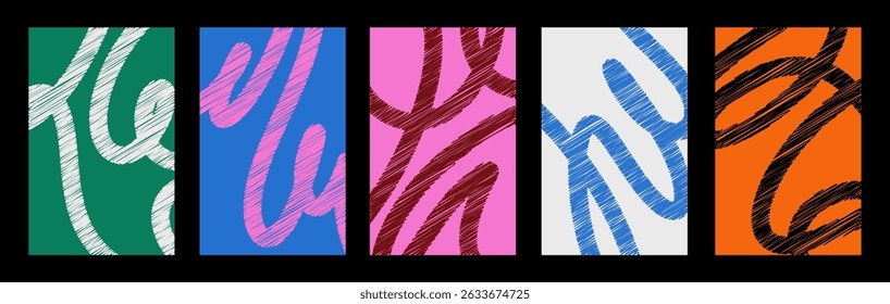 Set of contemporary abstract art. Posters with soft geometric shapes, colourful loops, bended lines, stylized curves. Modern artworks in doodle style. Interior decoration. Flat vector illustrations
