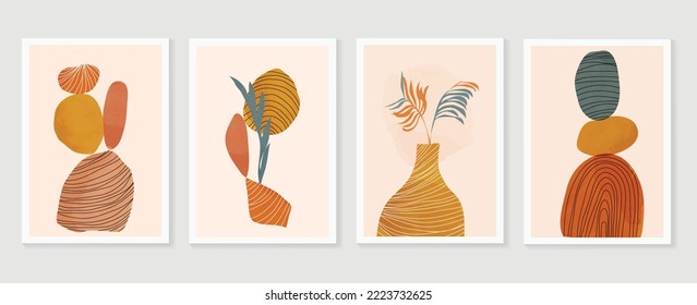 Set of contemporary abstract design wall art vector. Collection of watercolor leaf branch, rock tower, lines, organic shape. Design illustration for wallpaper, wall decor, card, poster, cover, print.