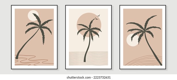 Conjunto de diseño abstracto contemporáneo de vector de arte de pared. Colección de paisajes naturales, cocoteros, líneas de olas, sol, pájaro. Ilustración de diseño para papel pintado, decoración de pared, tarjeta, afiche, cubierta, impresión.