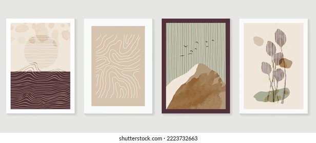 Conjunto de diseño abstracto contemporáneo de vector de arte de pared. Colección de acuarela de montaña, terreno, ola, curva, pájaro, línea de bifurcación de hojas. Diseño de papel pintado, decoración de pared, tarjeta, afiche, cubierta, impresión.