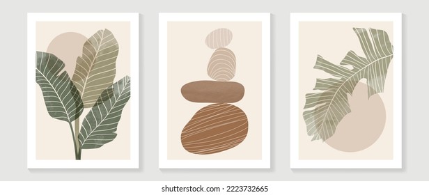 Set of contemporary abstract design wall art vector. Collection of transparent watercolor tropical leaves, sun, rock tower, line art. Design for wallpaper, wall decor, card, poster, cover, print.