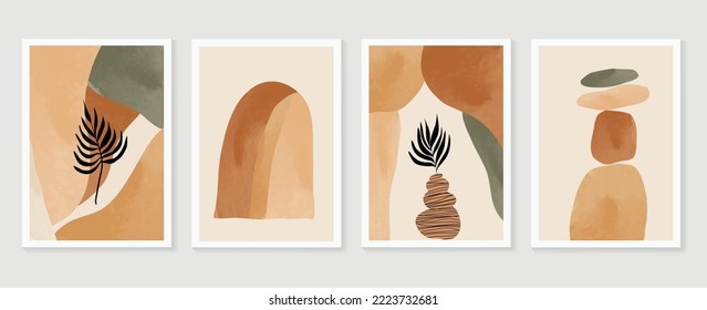 Set of contemporary abstract design wall art vector. Collection of watercolor leaf branch, rock tower, lines, organic shape. Design illustration for wallpaper, wall decor, card, poster, cover, print.