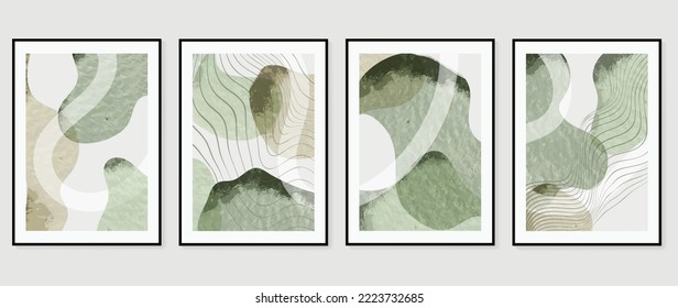 Set of contemporary abstract design wall art vector. Collection of watercolor abstract shape, line art, curve, wave. Art design illustration for wallpaper, wall decor, card, poster, cover, print.