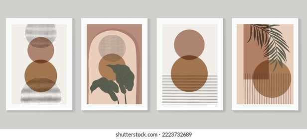 Set of contemporary abstract design wall art vector. Collection of circle, tropical leaves, line art, organic shape. Design illustration for wallpaper, wall decor, card, poster, cover, print.