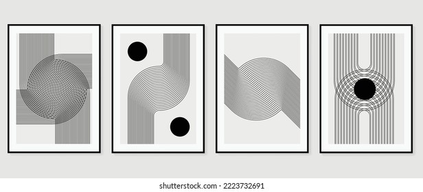 Set of contemporary abstract design wall art vector. Collection of black and white line art, circle, round, curve, wave. Art design illustration for wallpaper, wall decor, card, poster, cover, print.