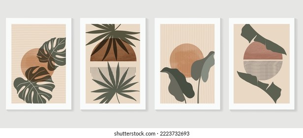 Set of contemporary abstract design wall art vector. Collection of circle, tropical leaves, line art, organic shape. Design illustration for wallpaper, wall decor, card, poster, cover, print.