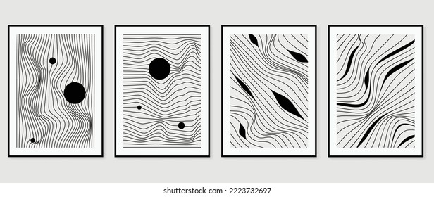 Conjunto de diseño abstracto contemporáneo de vector de arte de pared. Colección de arte de línea blanca y negra, círculo, redondo, curva, onda. Ilustración de diseño artístico para papel pintado, decoración de pared, tarjeta, afiche, cubierta, impresión.