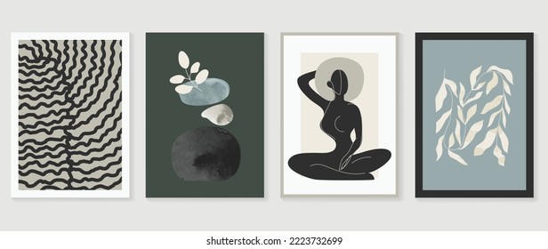 Set of contemporary abstract design wall art vector. Collection of watercolor rocks, leaf branch, wavy lines, vine, woman. Design illustration for wallpaper, wall decor, card, poster, cover, print.