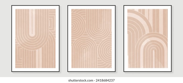 Set of contemporary abstract design wall art vector. Collection of watercolor abstract shape, line art, curve, beige. Art design illustration for wallpaper, wall decor, card, poster, cover, print.