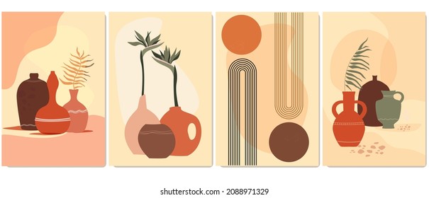 A set of contemporary abstract posters with exotic antique vases, bottles, palm leaves. African exotic still life. Rainbow and sun in boho style. Vector graphics.