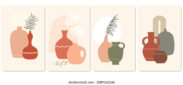 A set of contemporary abstract posters with exotic antique vases, bottles, palm leaves. African exotic still life. Rainbow and sun in boho style. Vector graphics.