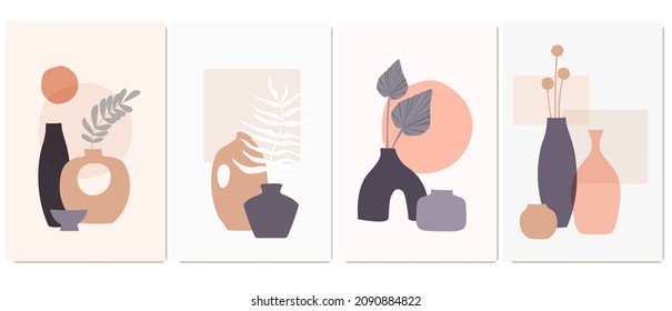 A set of contemporary abstract posters with exotic antique vases, bottles, palm leaves. African exotic still life. Sun in boho style. Vector graphics.