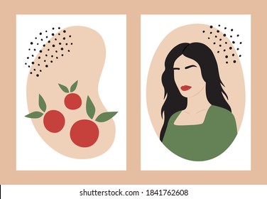 Set of contemporary abstract posters. Modern female silhouette and fruits, fashion woman portrait in pastel colors on retro background. Vector illustration