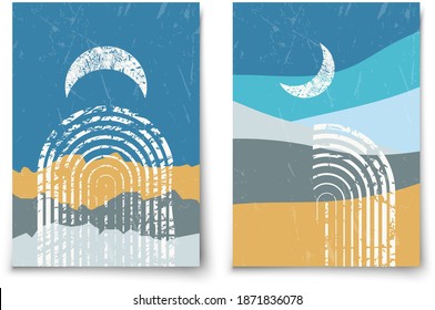 Set of contemporary aesthetic art print templates. Mid century moon, arc and mountains minimalist landscape illustration. Modern trendy boho wall decor. 