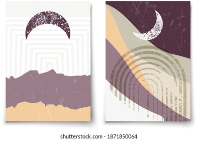 Set of contemporary aesthetic art print templates. Mid century moon, arc and mountains minimalist landscape illustration. Modern trendy boho wall decor. 