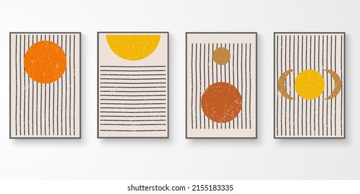 Conjunto de arte estético de pared geométrica contemporáneo. Forma de composición abstracta. Impresión artística, portada, afiche. Ilustración vectorial gráfica de mediados de siglo.