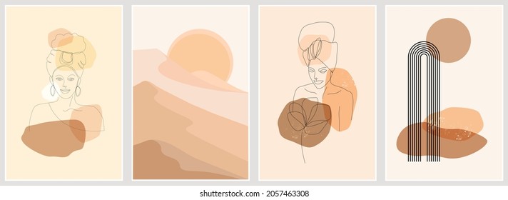A set of contemporary art abstract posters. Portraits of beautiful African women in lines. Landscape with mountains on the background of the sun, rainbow arch with simple shapes. Vector graphics.