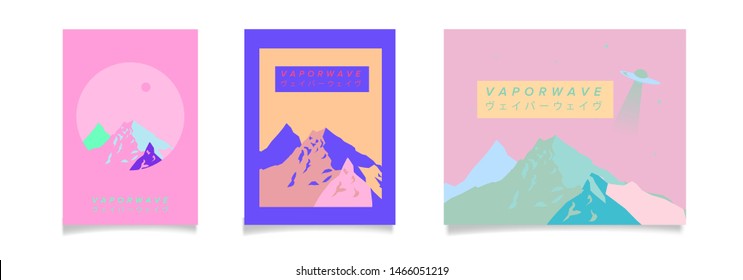 Set of contemporary art collage posters in punchy juicy pastel tones. Surrealistic and psychedelic geometric art of mountain landscape, flying UFO spaceship and Japanese text "Vaporwave".