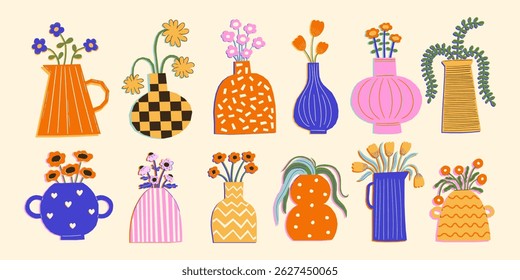 Set of contemporary art flowers in colorful vases. Abstract floral bouquets in geometric style. Trendy plants drawings. Vector graphic