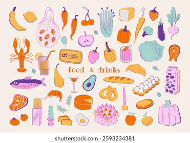 Set of contemporary art food illustrations. Vegetables, fruits, berries, lobster, fish in trendy geometric style. Colorful abstract dinner party drawings. Vector graphic