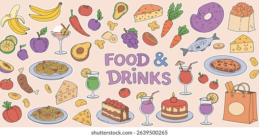 Set of contemporary art food illustrations. Vegetables, fruits, berries, lobster, fish in trendy geometric style. Colorful abstract dinner party drawings
