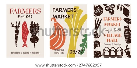 Set of contemporary art minimalist posters for farmers market design. Abstract food templates for grocery store and festivals. Healthy fresh vegetables and fruits. Vector graphic