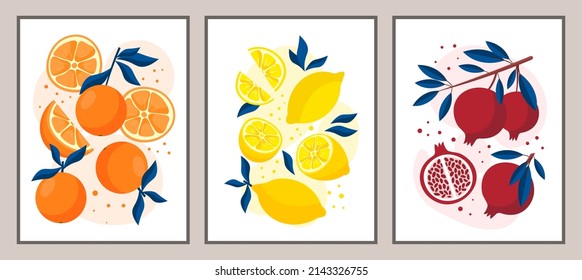 Set of contemporary art. Organic posters with orange, lemon, pomegranate and green leaves. Fruit design elements for stores and banners. Cartoon flat vector collection isolated on beige background