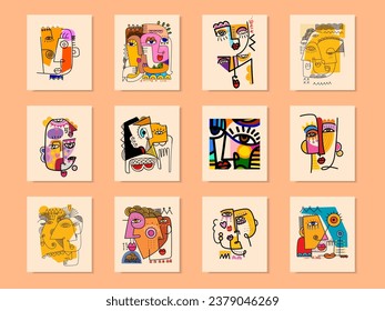 Conjunto de afiches de arte contemporáneo abstracto de líneas de retrato de rostro decorativo y formas de ilustración vectorial. Arte mural, impresiones, postales, portada y diseño de afiches.