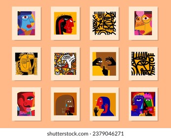 Set of contemporary art posters abstract decorative face portrait lines and shapes vector illustration. Wall art, prints, postcard, cover and poster design.