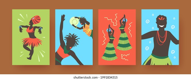 Afiches de arte contemporáneo con bailarines tribales africanos. Ilustración vectorial. Colorida colección de africanos con ropa étnica, bailando con fondo de colores. África, danza, concepto de cultura