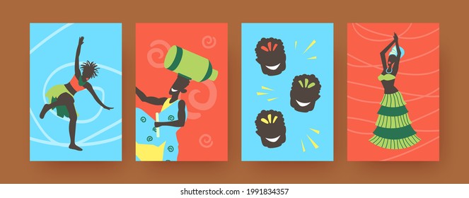 Set of contemporary art posters with African folk dancers. Vector illustration. .Colorful collection of Africans wearing ethnic clothes, dancing in colored background. Africa, dance, culture concept