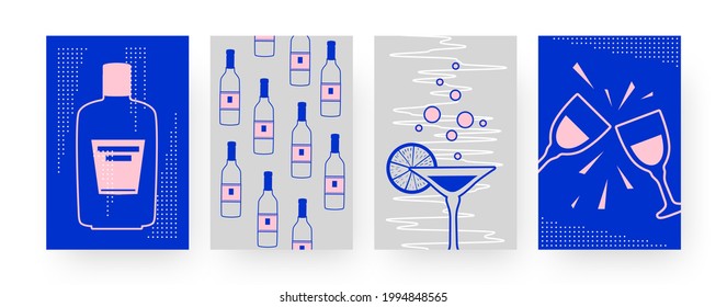Set of contemporary art posters with alcohol bottles. Margarita, clinking glasses vector illustrations in creative style. Alcohol, party concept for designs, social media, postcards, invitation cards