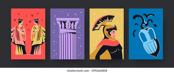 Set of contemporary art posters with ancient Rome theme. Vector illustration. .Collection of colored colosseum gladiator, muses, column and diota in bright background. Rome, antiquity, history concept