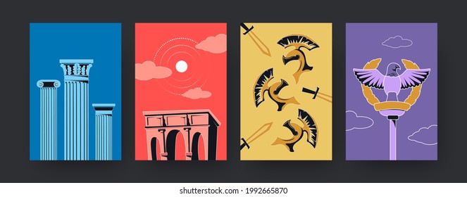 Set of contemporary art posters with ancient symbols of Rome. Vector illustration. .Collection of colored Columns, triumphal arch, helmets, swords, eagle and golden crown. Rome, antiquity concept