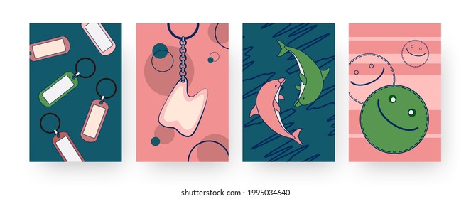 Set of contemporary art posters with bright funny trinkets. Vector illustration. .Bibelots for keys with dolphin, tooth symbols and pendant in colorful design. Bibelot, accessory, souvenir concept