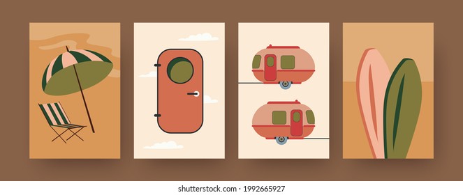 Set of contemporary art posters with camping trailers. Camper door, surfboards cartoon vector illustrations. Traveling, vacation concept for designs, social media, postcards, invitation cards