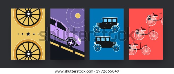 Set of contemporary art posters with car\
evolution. Vector illustration. .Collection of colored car models,\
new and old automobiles, wheels. Classic, industry, transport\
concept for design