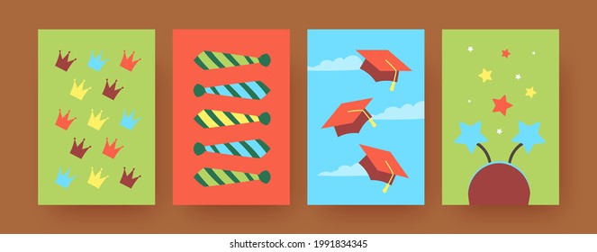 Set of contemporary art posters with ceremony accessories. Vector illustration. .Colorful funny crowns, ties, graduation caps and headband in bright background. Party, photo accessory concept