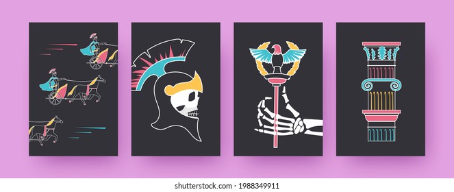 Set of contemporary art posters with chariot race. Gladiators, Spartan helmet, Roman eagle vector illustrations, black background. Ancient Rome concept for designs, social media, postcards