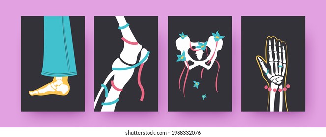 Set of contemporary art posters with clothed human bones. Hand, leg and pelvis skeleton vector illustrations, black background. Fashion, accessories concept for designs, social media, postcards