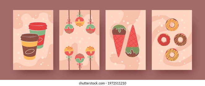 Set of contemporary art posters with coffee and candies. Hot drinks, donuts, ice cream cones pastel vector illustrations. Sweets, desserts concept for social media designs, postcards, invitation cards