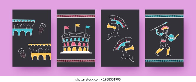 Set of contemporary art posters with Coliseum gladiator. Roman arena, Spartan helmet vector illustrations, black background. Ancient Rome concept for designs, social media, postcards