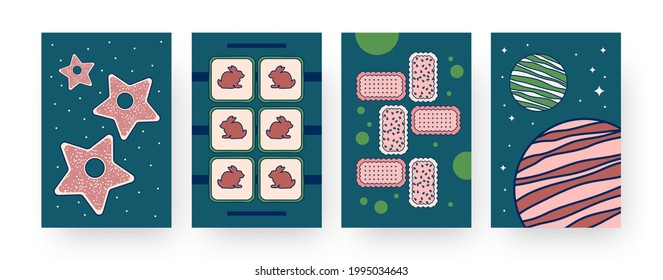 Afiches de arte contemporáneo con patrones de galletas. Ilustración vectorial. .Colección de diferentes cookies cósmicas, gráficas, de fantasía en un diseño colorido. Fantasía, abstracción, concepto de pastelería para el diseño