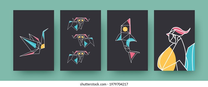 Set of contemporary art posters with crane and rams. Paper animals, shark, rooster vector illustrations in pastel colors. Origami, hobby concept for designs, social media, postcards, invitation cards
