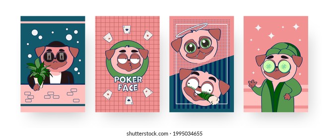 Set of contemporary art posters with crazy pug. Vector illustration. .Collection of jokey dogs in image of smoking, saintly, cheeky, funny puppies in flat colorful design. Fun, pet, pug, animal