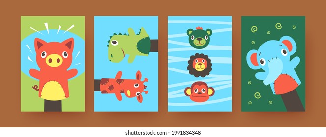 Set Of Contemporary Art Posters With Cute Hand Sock Puppets. Vector Illustration. .Colorful Collection Of Hand Sock Toys In Form Of Soft Animals In Colored Background. Puppet Show, Toy Theater Concept