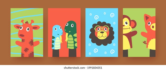 Set Of Contemporary Art Posters With Cute Hand Sock Animals. Vector Illustration. .Colorful Hand Sock Toys In Form Of Soft Snake, Giraffe, Pig In Colored Background. Puppet Show, Toy Theater Concept